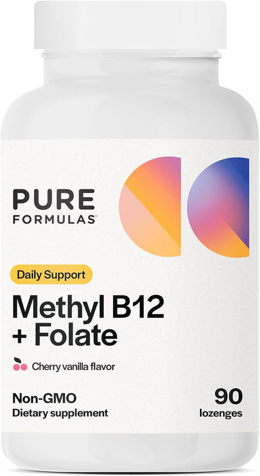 PureFormulas Methyl B12 + Folate Supplement, 1,000 mcg of Methylated B12 Supplement, 665 mcg of Folate, Cherry Vanilla Flavor, Methylated Vitamin B 12 - Non-GMO, 90 Lozenges