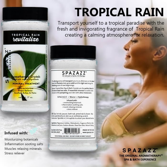 Spazazz Hot Tub Aromatherapy Bath Salt Crystals 3-Pack Bundle - Eucalyptus Mint Stimulate - Tropical Rain Revitalize - Honey Mango Arouse - Botanicals Collection Scents for Relaxing in Spas (17 oz)