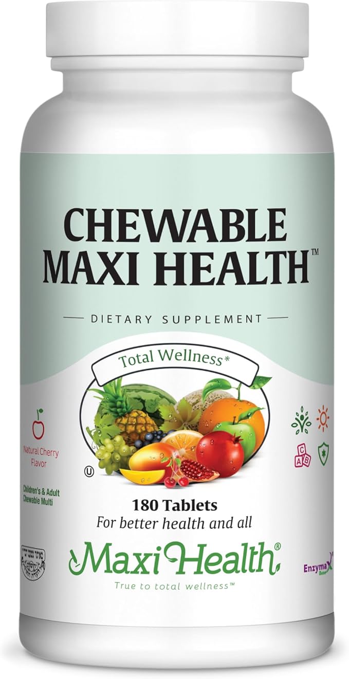 Maxi Health Chewable Multivitamin for Kids, Teens and Adults - Cherry Chewable Vitamins for Adults & Children - Kosher Kids Multivitamin + Iron (180 Tablets)