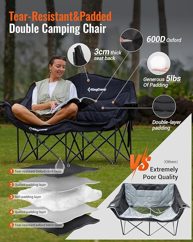 Double Camping Chair, Oversized Heavy Duty Loveseat for Adults Portable Folding XL 2 Person Couch Padded Comfortable Two Seat