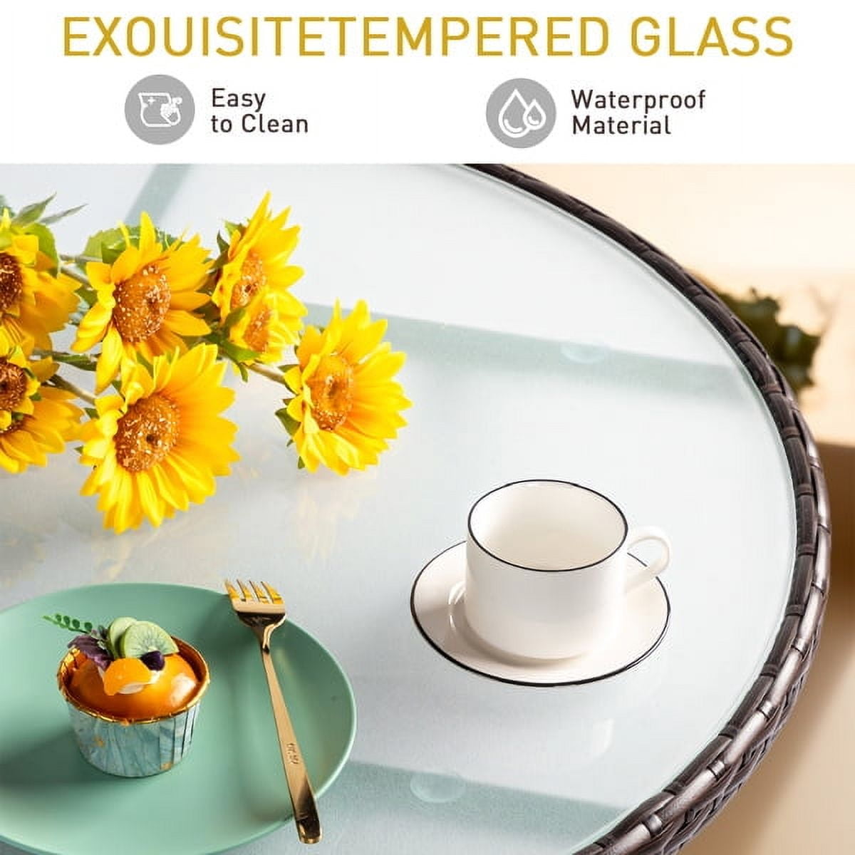 31.5" Patio Table for 4-Person, Outdoor Patio Wicker Round Dining Table, All-Weather Rattan Bistro Dining Table w/Glass Tabletop for Backyard Deck Porch Poolside, Brown