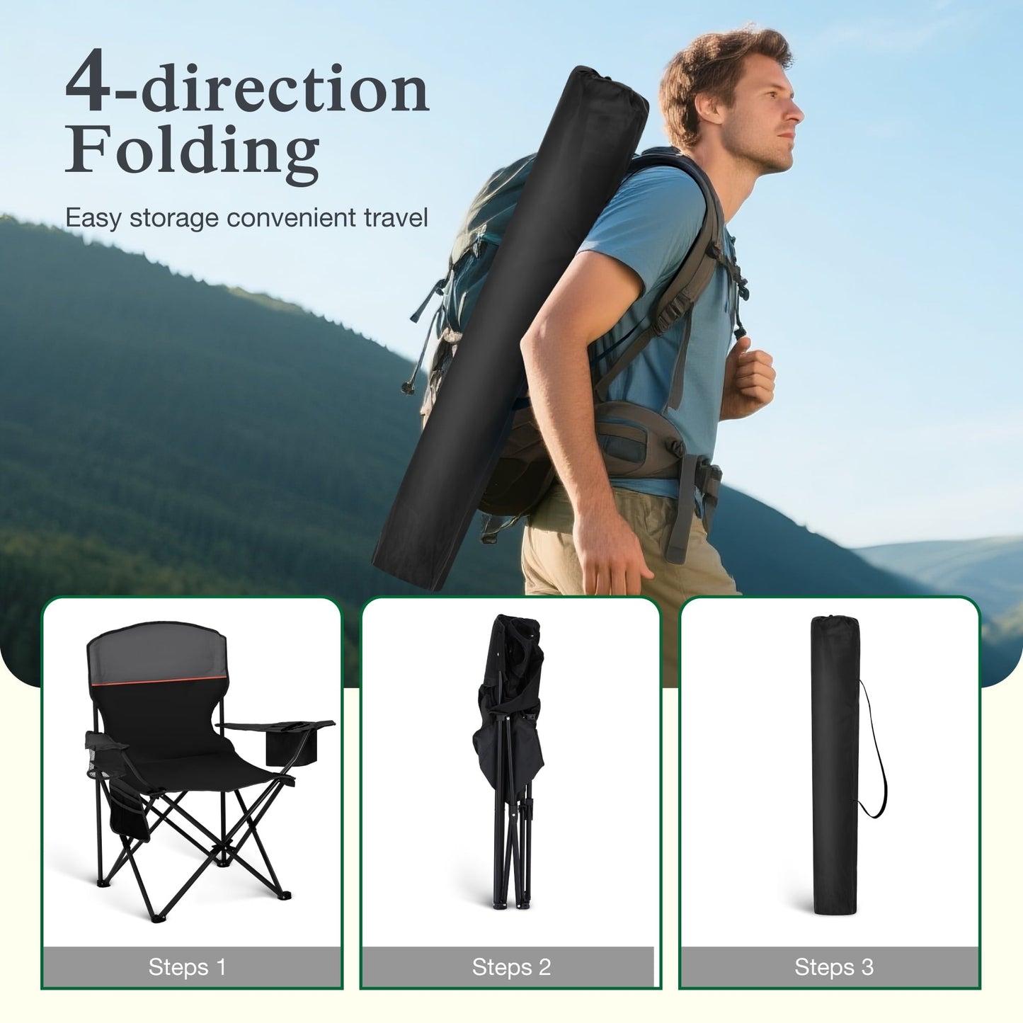 Sophia & William 2 Pack Camping Chairs Portable Outdoor Folding Chairs with Cooler Bag, Black