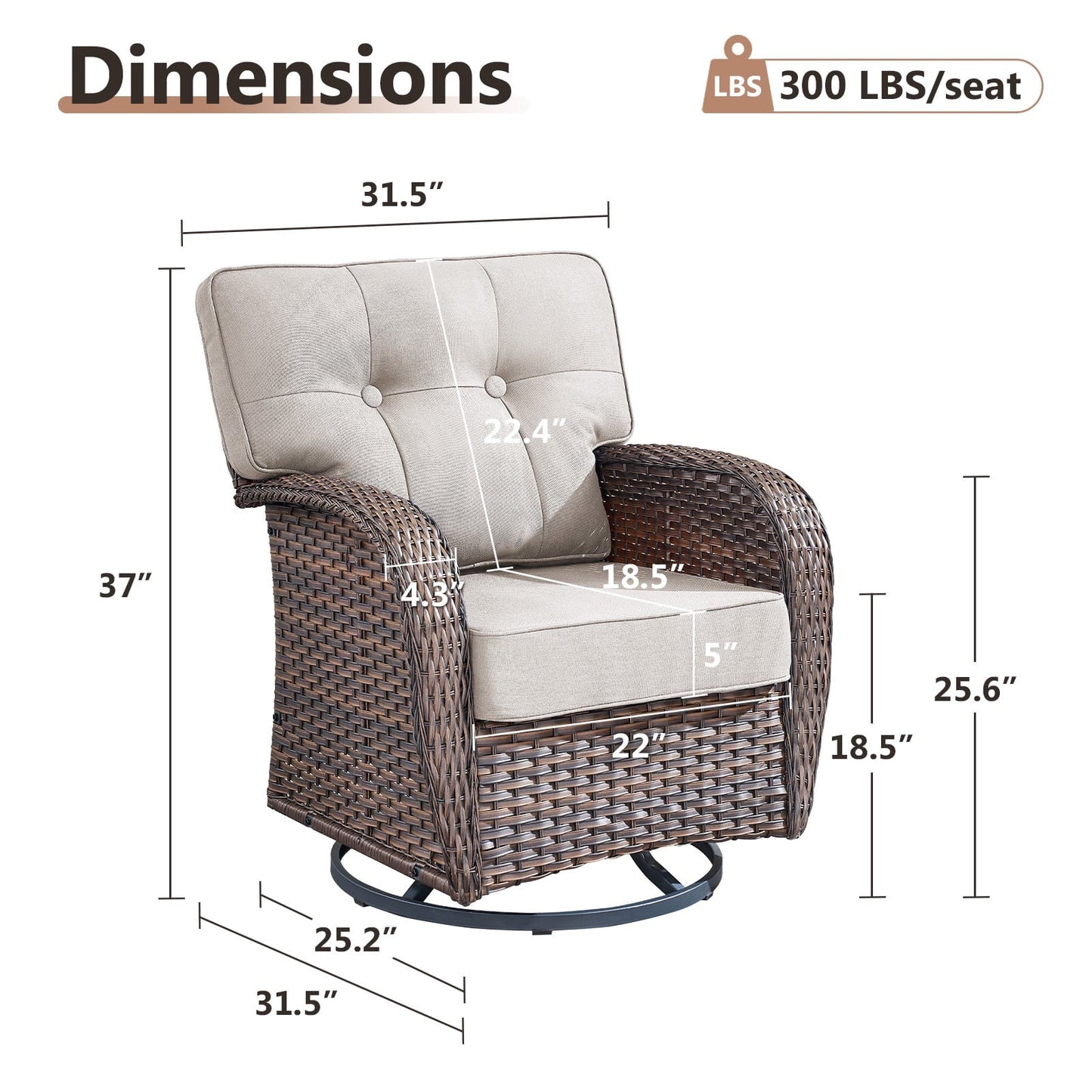 OPOHORO Outdoor Glider Chairs Set of 2, Brown Wicker Patio Furniture Swivel Rockers with T Shape-Back Cushions and 5" Thick Foam, Ideal for Porch and Yard, Beige