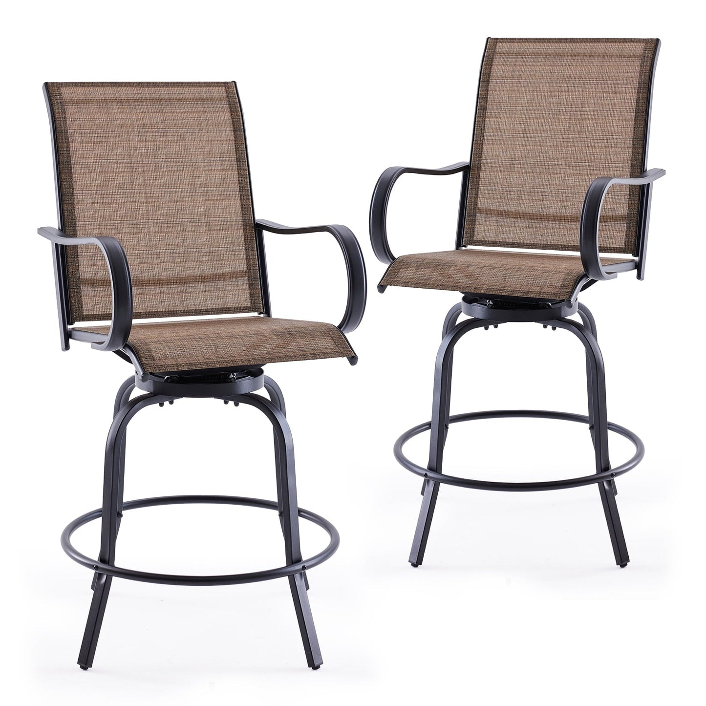STARY Outdoor Bar Stools Set of 2, Swivel Patio Barstools with Textile Fabric,Ergonomic Comfort Bar Height Tall Outdoor Stools for Balcony,Brown