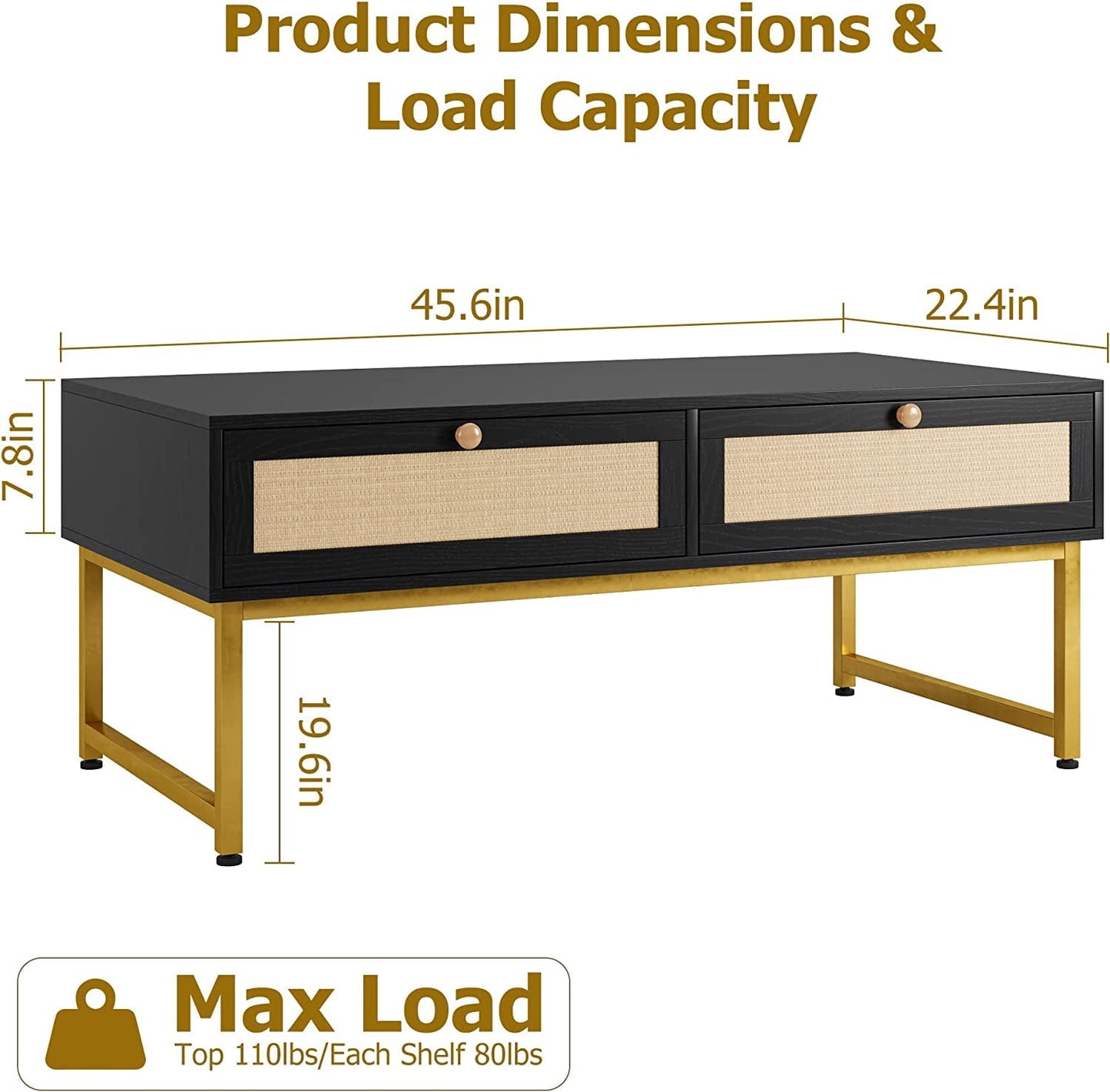 Rattan Coffee Table with 2 Drawer 45.6'' Wood Coffee Table with Storage Boho Dining Table with Rattan Drawer Accent Center Sofa Table with Storage Shelf, Small Coffee Tables for Living Room