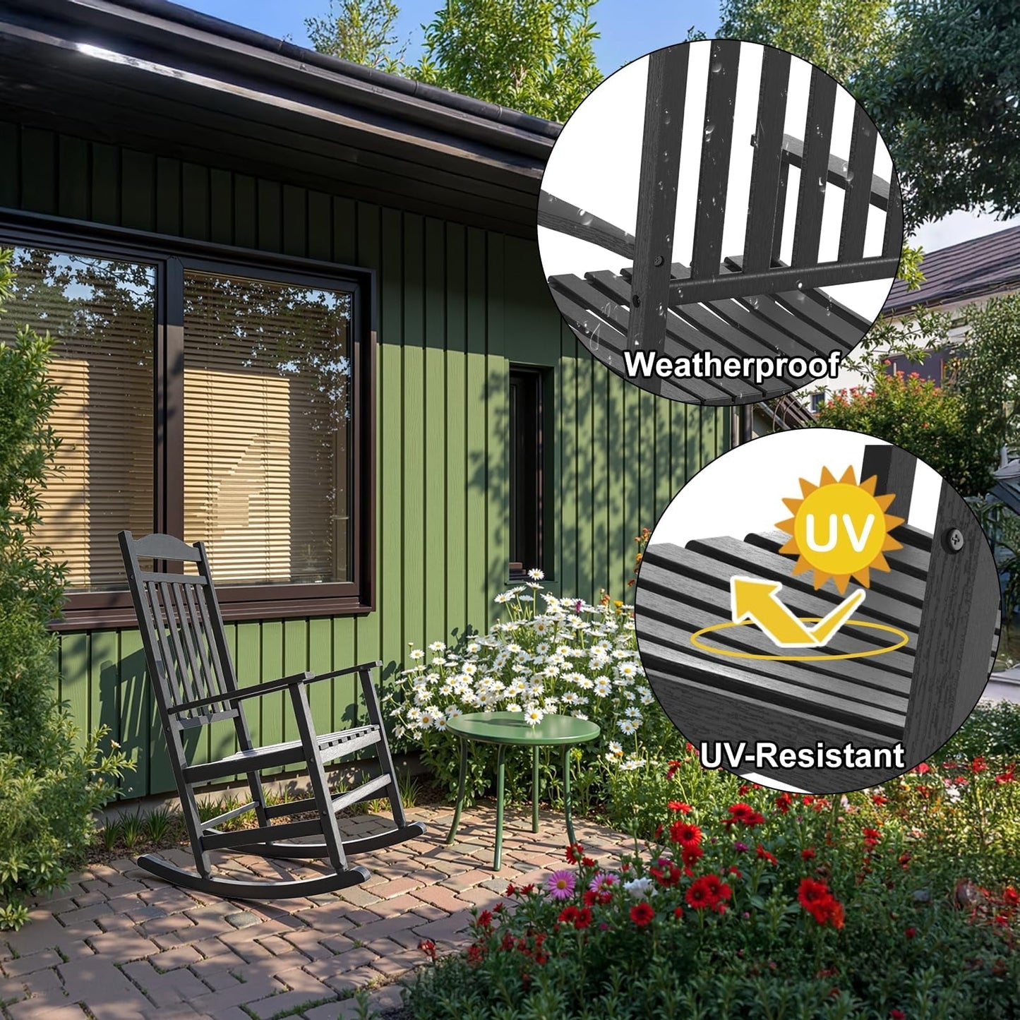 FICARTS High Back HDPE Outdoor Rocking Chair - All Weather Patio Porch Rocker with 44.92” Height (Black)