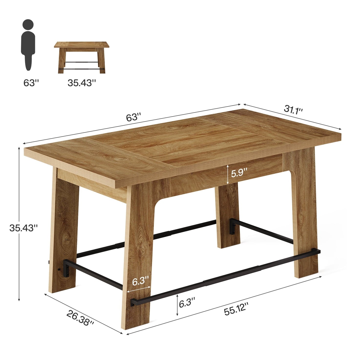 Tribesigns 62.6-Inch Bar Table, Rectangular Home Bar Unit with Metal Footrest,Brown and Black