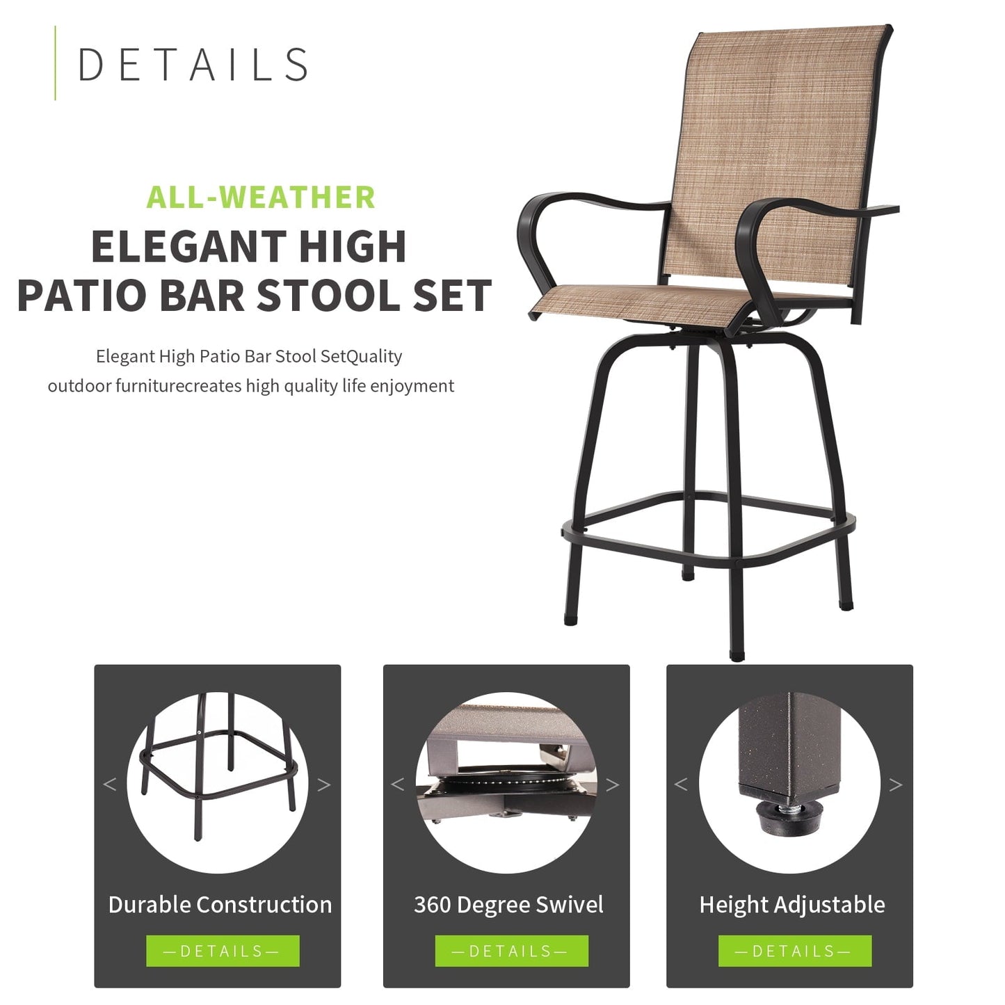 BaPiPro Outdoor Swivel Bar Stools Set of 2, Premium Patio Bar Stools, Textilene Bar Height Patio Chairs, Tall Patio Chairs for Yard, Garden, Balcony