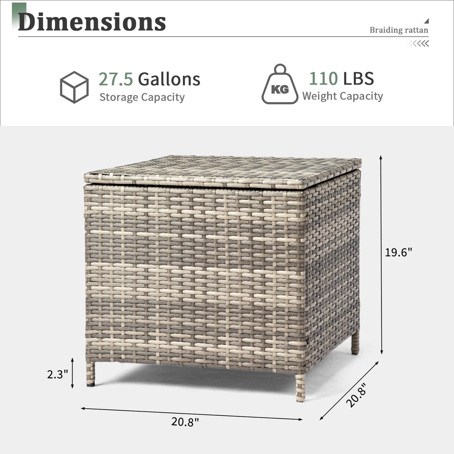BAYUELSWU Outdoor Side Table with Storage, 27 Gallon Wicker Outdoor Side Table, Rattan Coffee Table All-Weather for Patio, Porch, Lawn (Grey)