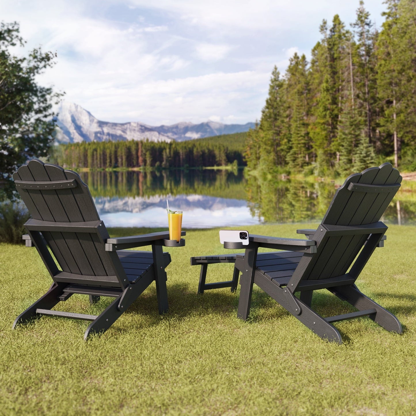 Asofer durable Folding Adirondack Chair and Retractable Ottoman, Wooden Textured with two Cup Holders，HDPE Poolside Backyard Lawn Coffee, Black