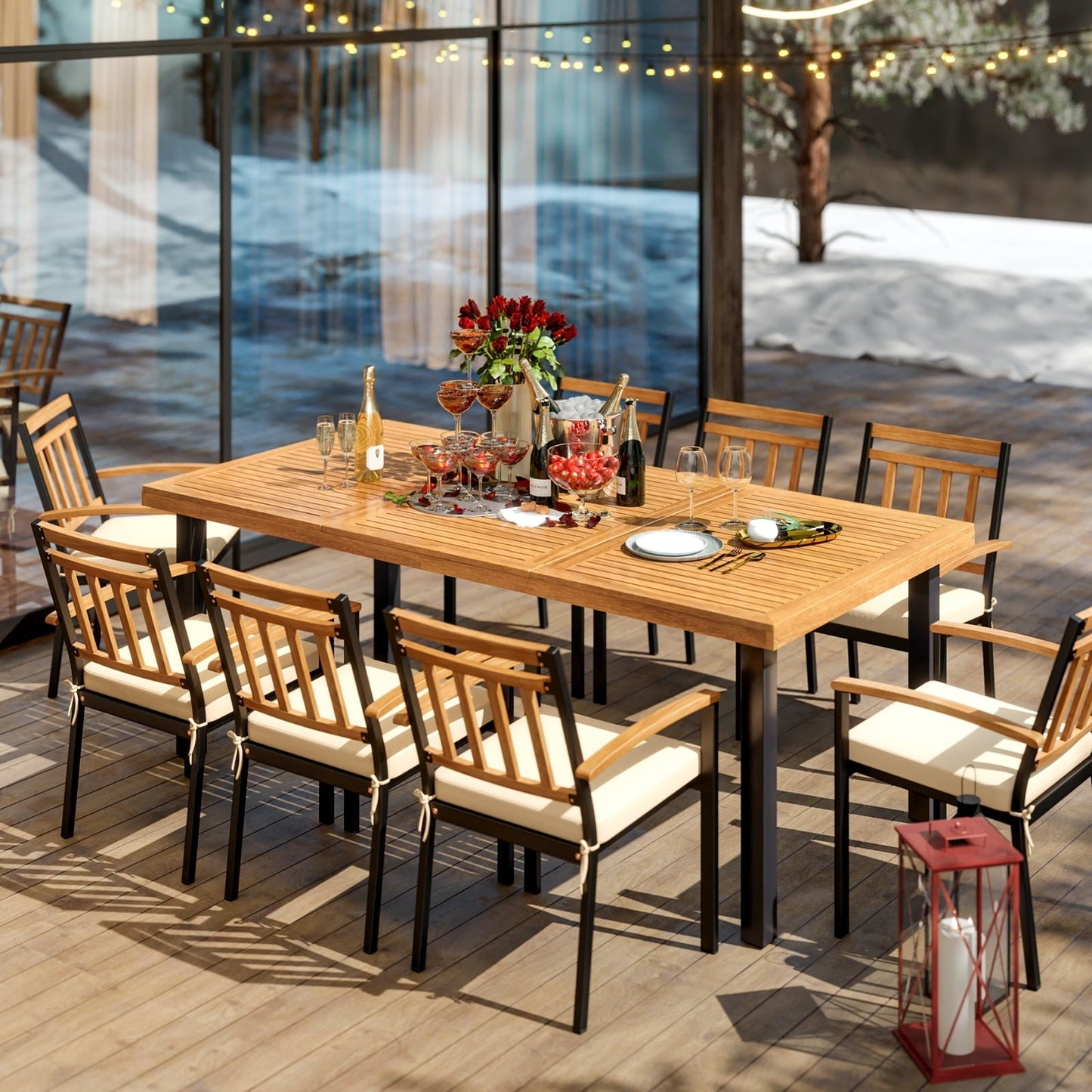 Topbuy Acacia Wood Dining Table for 8 People, 79" Large Rectangular Patio Table with Built-in Umbrella Hole