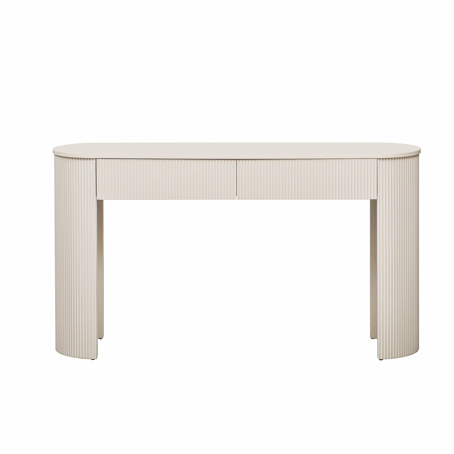 TREXM Entryway Table with Fluted Design, Modern Console Table with Storage, Oval Top and 2 Drawers for Entryway and Living Room (Champagne White)