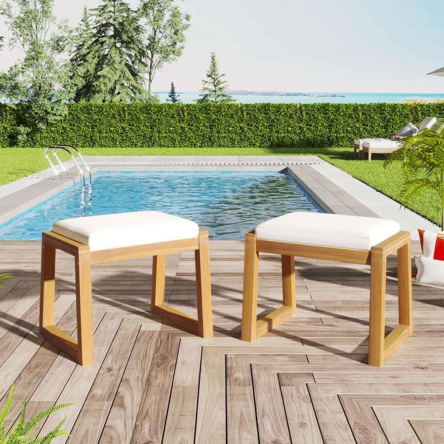 Acacia Wood Outdoor Ottoman Bench Set of 2, Waterproof Teak Finish Patio Footrest Stools with Beige Cushions, Modern Minimalist Pool Deck Seating for Garden, Backyard, 19.75" Height