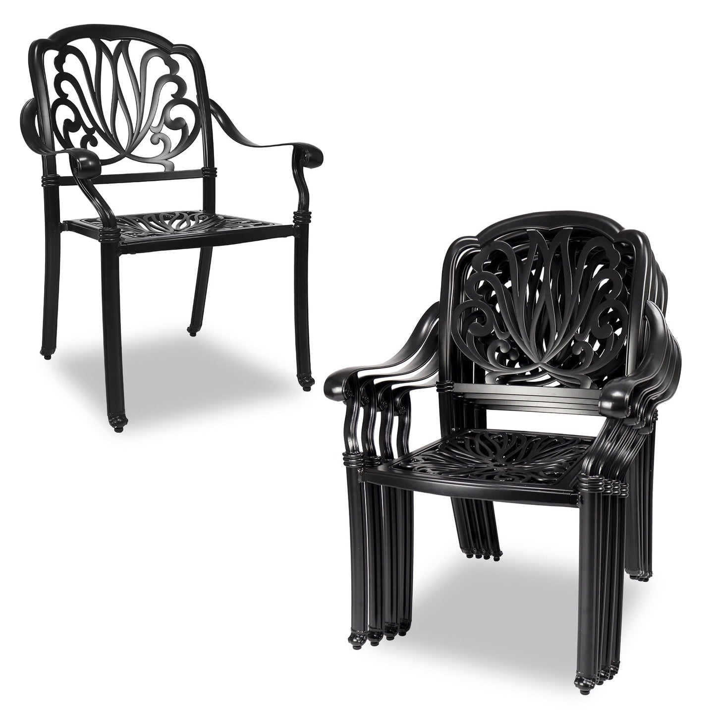 PATIO-IN Outdoor Dining Chairs Set of 4 Aluminum Patio Chairs,Stackable Cast Aluminum Patio Patio Dining Chairs for Garden, Backyard, Poolside,Balcony, Black (4 Pack)