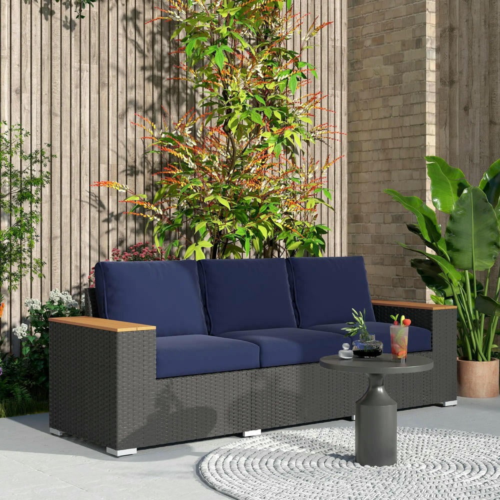 Barara King Patio Outdoor Sofa,3-Seat Outdoor Patio Sofa with Cushions, PE Rattan Wicker Sofa with Wide Armrests, Outdoor Wicker Couch, Navy Blue