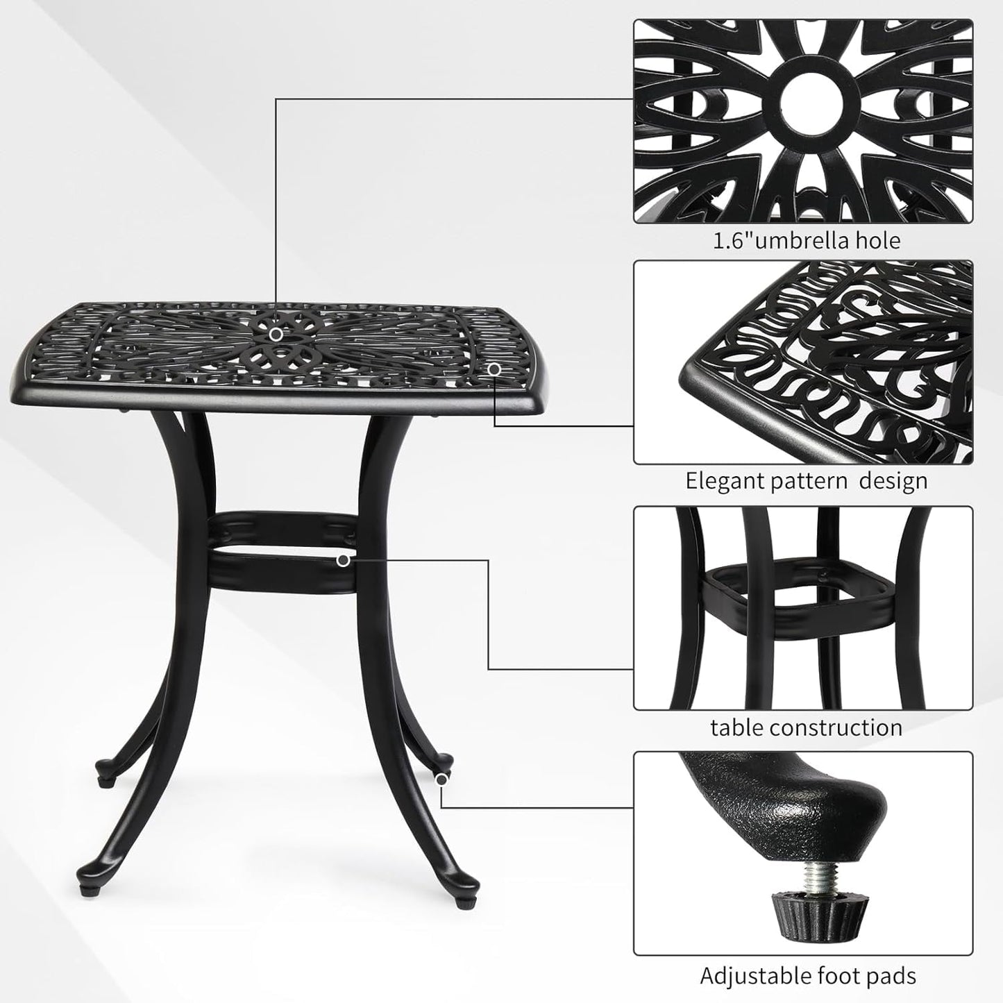 PINDEE Cast Aluminum Outdoor Side Table with Umbrella Hole, All Weather Round Patio Bistro Table,The appearance is exquisite, fashionable, and high-end.(Black)