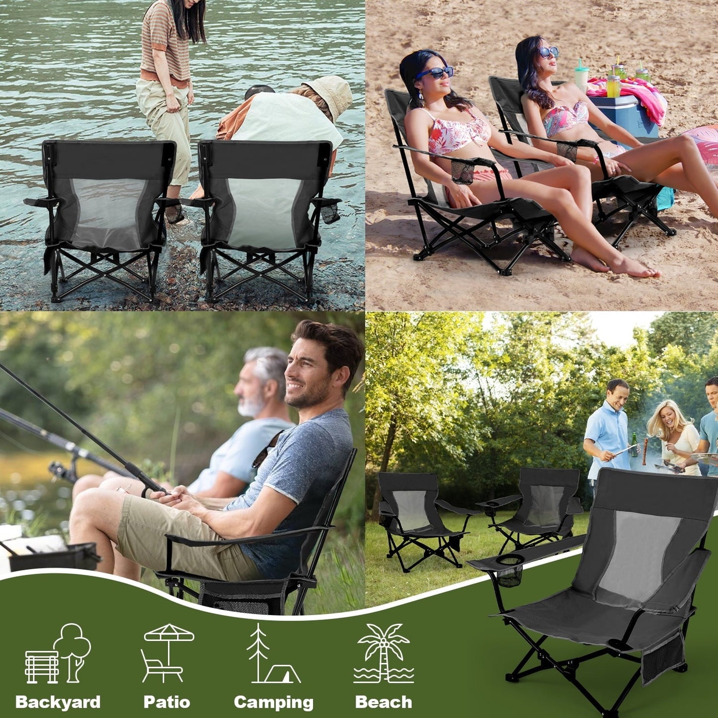 Hasteel Folding Beach Chair for Adults, Low Seat Camping Chair with High Back, Wide Seat Chair with Cup Holder & Carry Bag, Heavy Duty Portable Chair for Outdoor Picnic Travel - Black