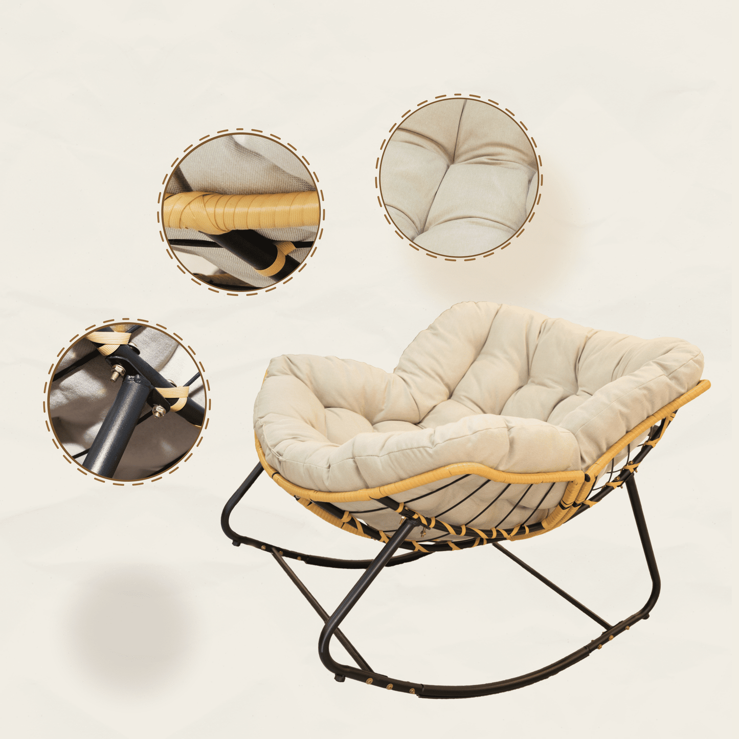 Rocking Chairs Outdoor Rocking Chair, Patio Egg Rocking Chair, Indoor Papasan Chair, Rattan Wicker Lounge Chair, Modern Royal Chair for Bedroom, Living Room, Porch, Garden,Lawn-Beige,Wooden Rocking C