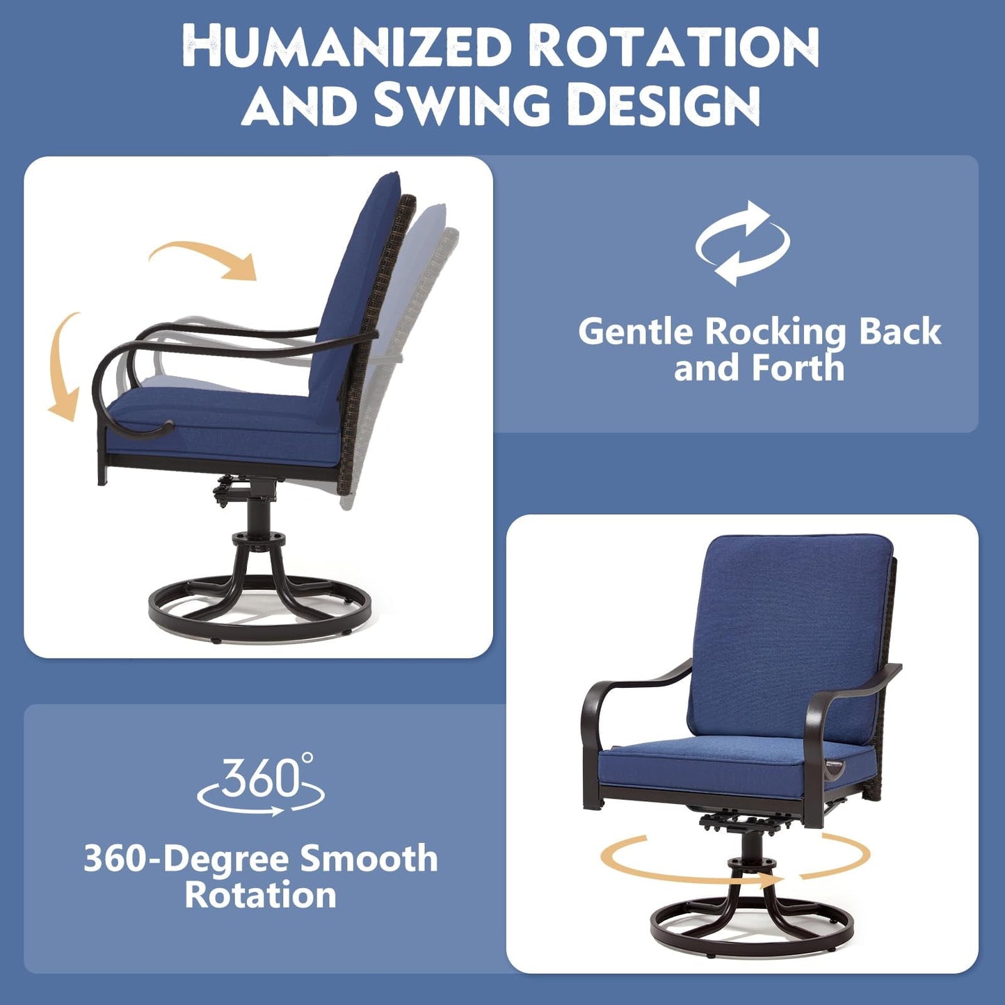 MELLCOM Patio Swivel Chair Set of 2, Outdoor Dining Chairs with Thickened Cushions, Wicker Chairs with Gentle Rocker for Porch, Garden, Backyard, Poolside, Deck, Blue