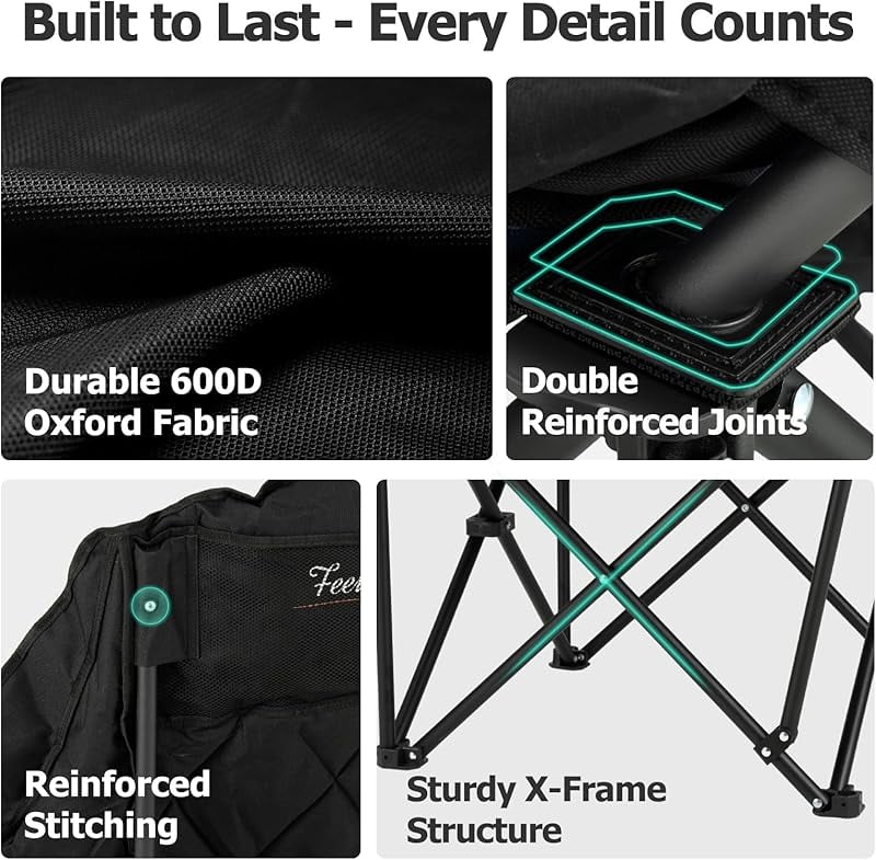 Oversized XL Camping Chair for Adults - 450lbs Support Heavy-Duty Padded Folding Chair with Side Pocket Cup Holder Cooling Bag