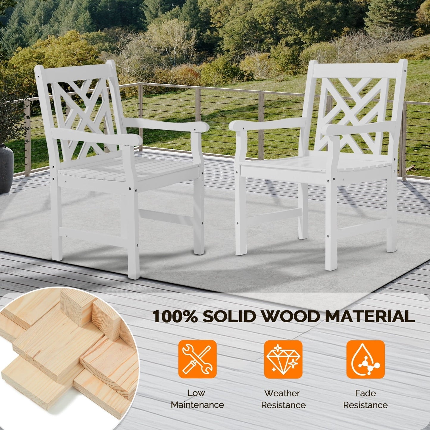 Zimtown 1Pc Patio Dining Chair, Heavy Duty Wood Armchair, Bistro Seating with Slatted Seat ,Outdoor Dining Seating for Indoor Outdoor Balcony Porch Garden, White