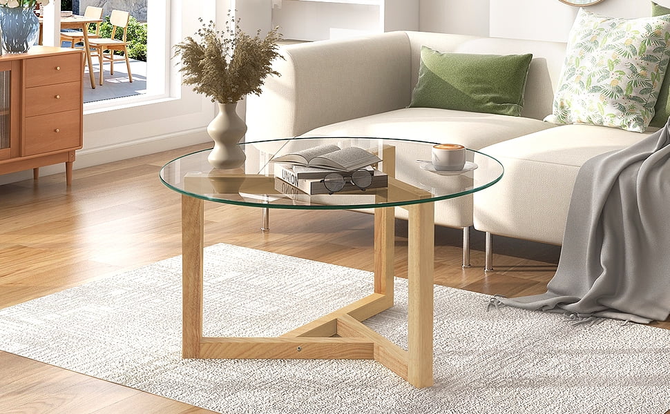 [New Picture] ON-TREND Round Glass Coffee Table Modern Cocktail Table Easy Assembly with Tempered Glass Top & Sturdy Wood Base, Natural (OLD SKU: WF190112AAL)