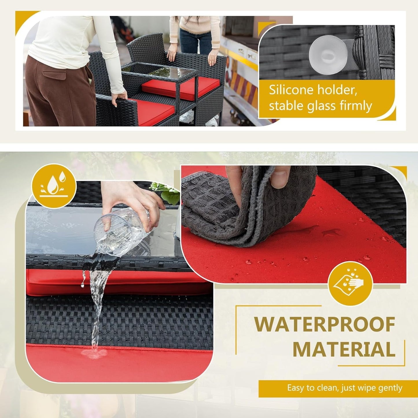 CRXX Outdoor Furniture Patio Loveseat Wicker 2-Seat with Built-in Table and Cushions Rattan Porch Chairs Bench for Balcony, Lawn, Backyard (Red)