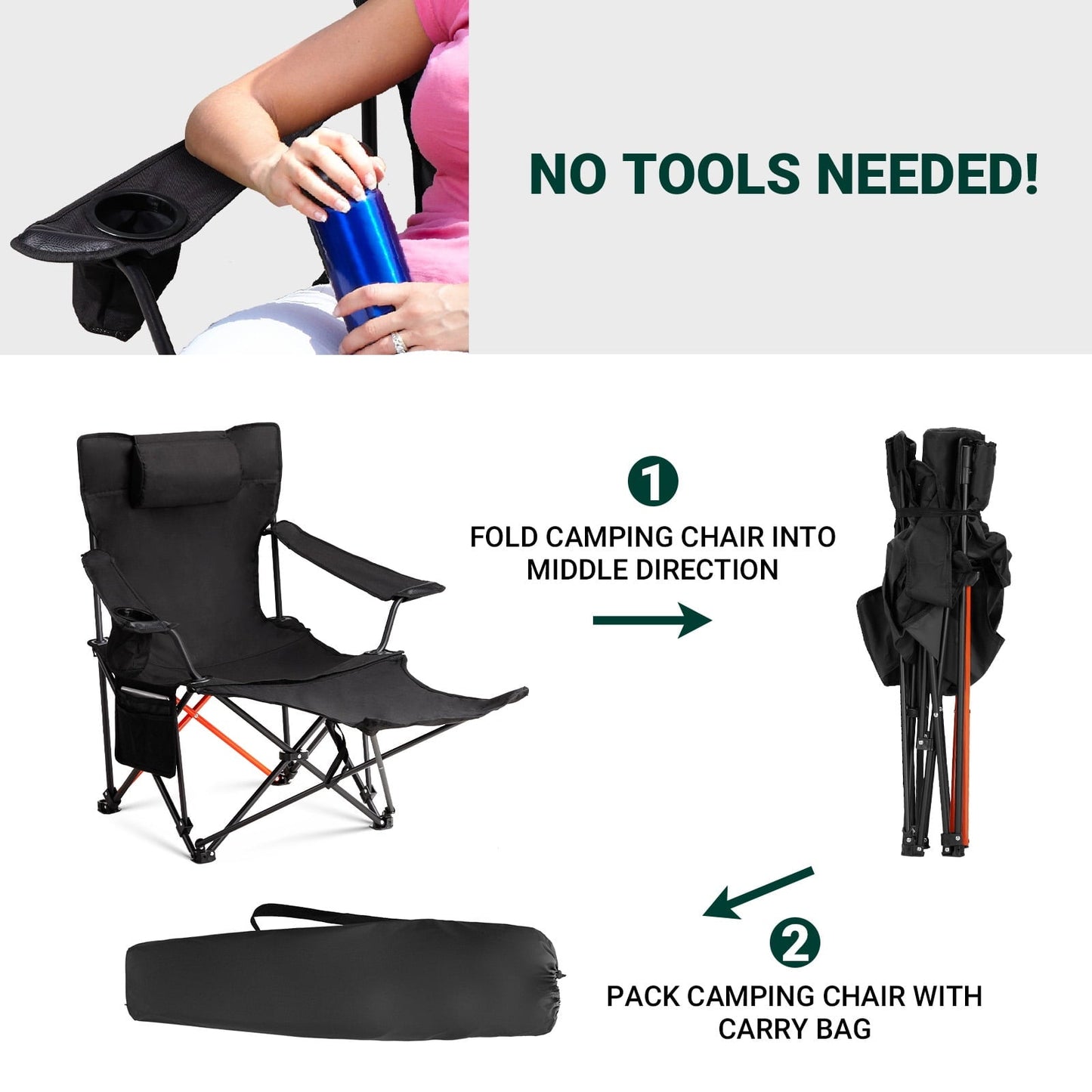 Zimtown 2 Pack Camping Chairs, 2-in-1 Lightweight Camping Chair with Footrest, Adjustable Backrest Seating with Headrest, Cup Holder, Storage Bag