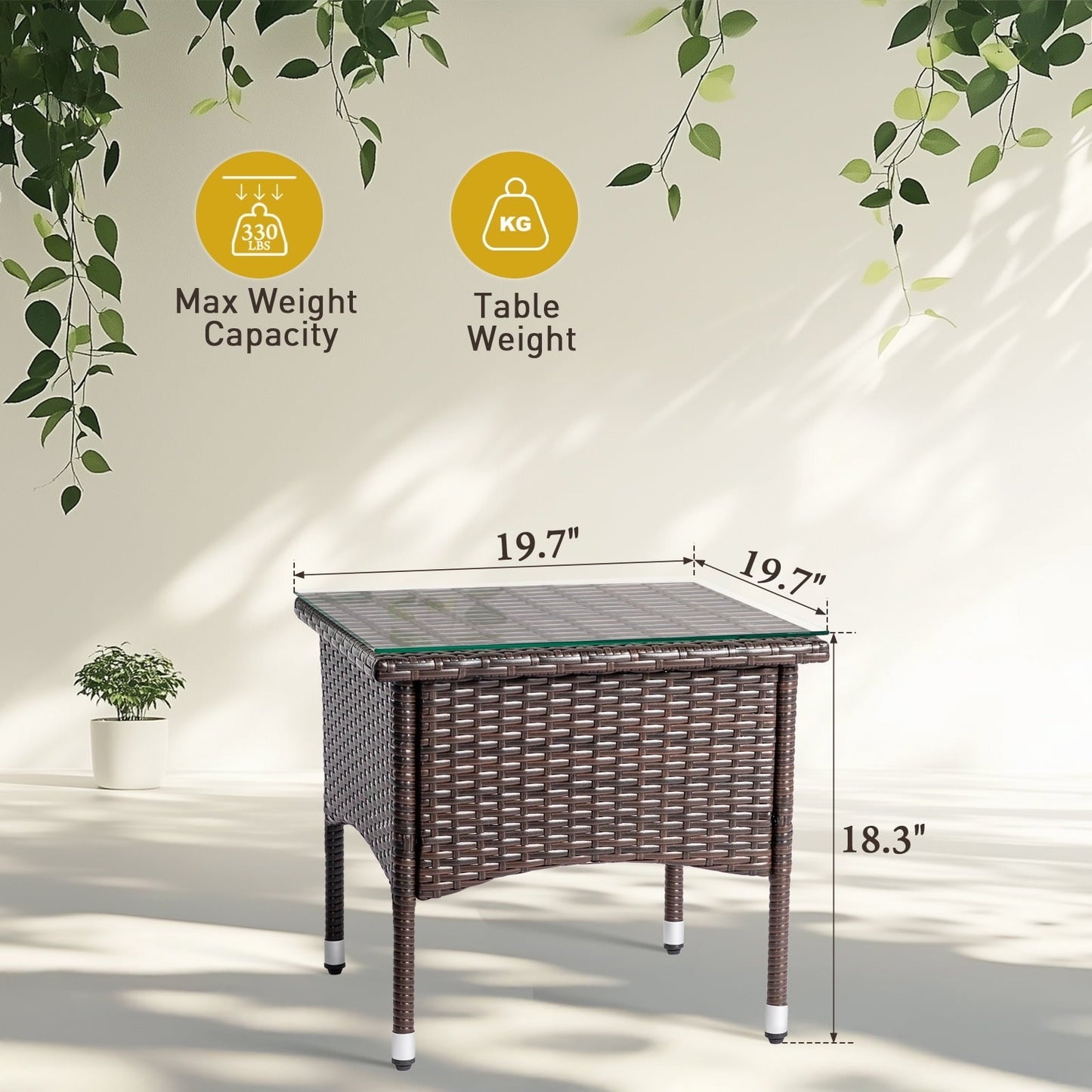 Funnil Patio Wicker Rattan Side Table with Square Tempered Glass Top, All-weather Use Rattan Coffee End Table for Deck, Porch, Garden, Indoor&Outdoor, Brown