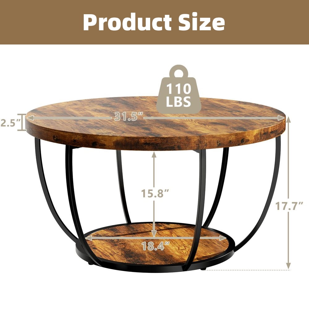 LUMAMIN 31.5" Round Coffee Table with Storage, 2 Tier Modern Small Wood Center Table with Metal Legs for Living Room, Bedroom, Rustic Brown