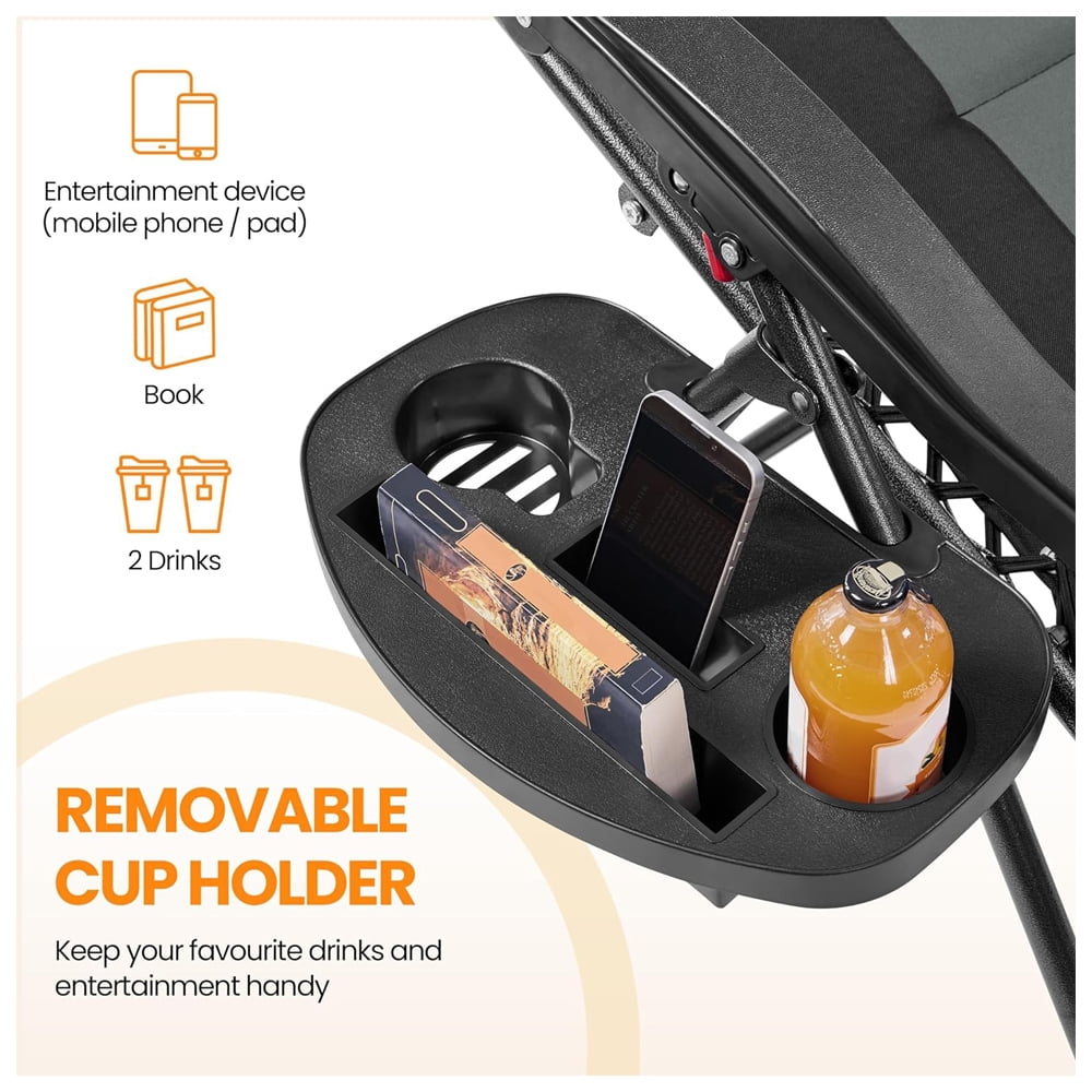 29in Full Padded Zero Gravity Chair Oversized Outdoor Patio Folding Lounger, Adjustable Portable Zero Gravity Recliner with Side Cup Tray, Pillow with Carry Strap for Beach, Pool, Gray/Black