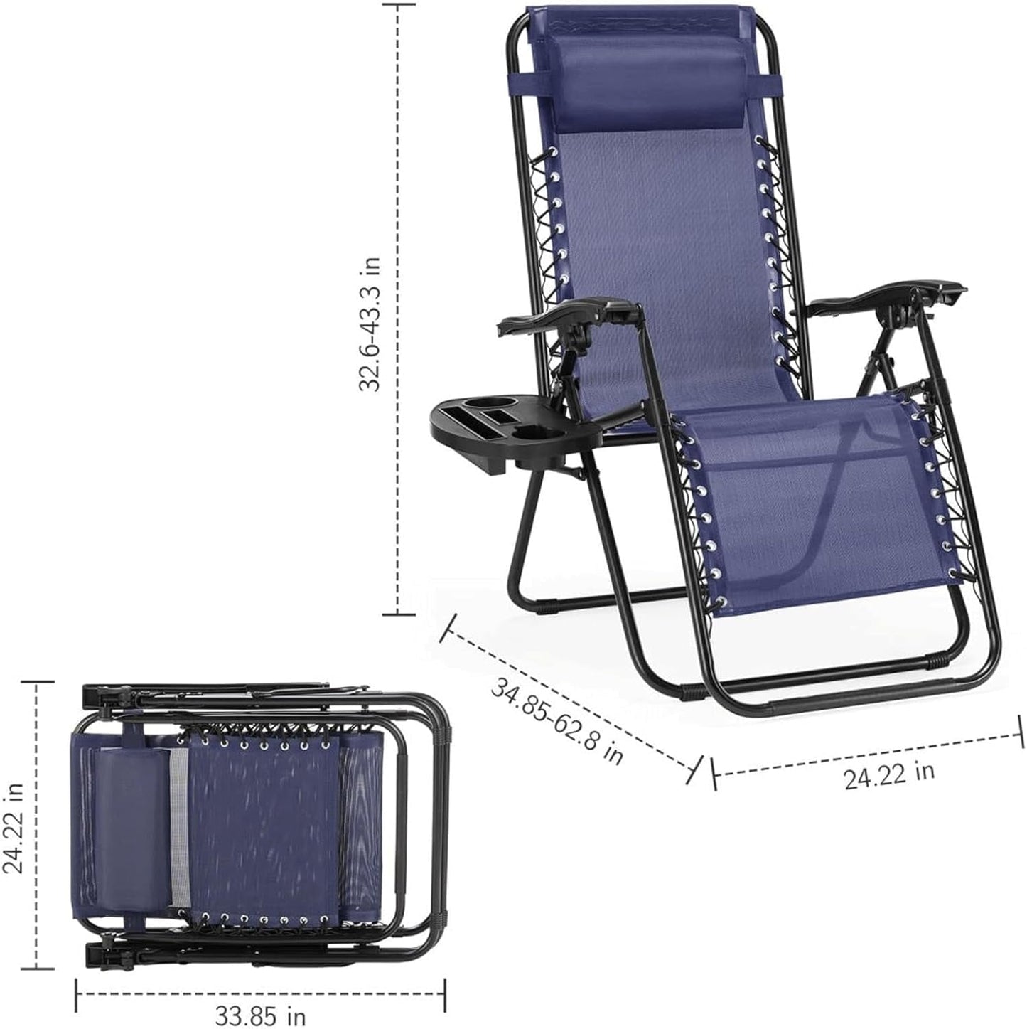 Atilioo Zero Gravity Chairs Set of 2, Adjustable Folding Recliner, Portable Lounge Chair with Steel Frame, Mesh Fabric, Cup Holder Trays & Pillow for Beach, Camping & Patio, Blue