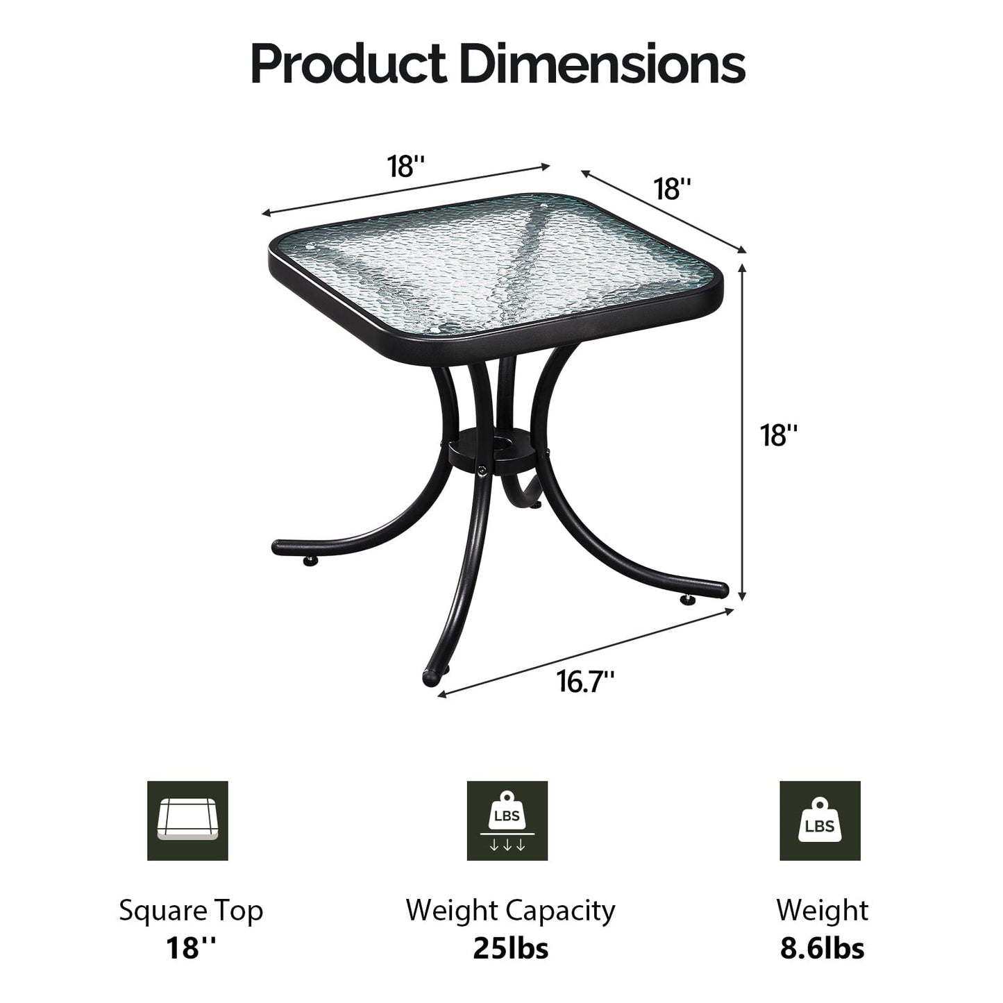 Zimtown 18" Square Tempered Glass Outdoor Patio Side Table, Metal Frame End Table, Black