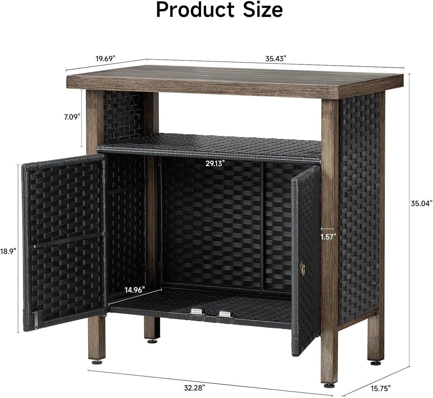 WANSHUN Outdoor Storage Cabinet, Woven Rattan Bar Table with 2 Doors, Slatted-Top, Wicker Console Table for Patio, Garden, Backyard, Kitchen - Black