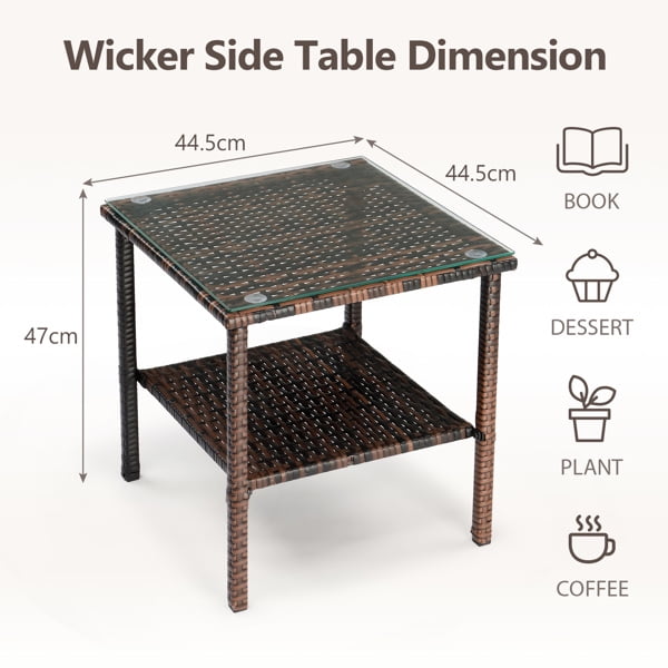 Square double layer glass table top brown gradient rattan side table