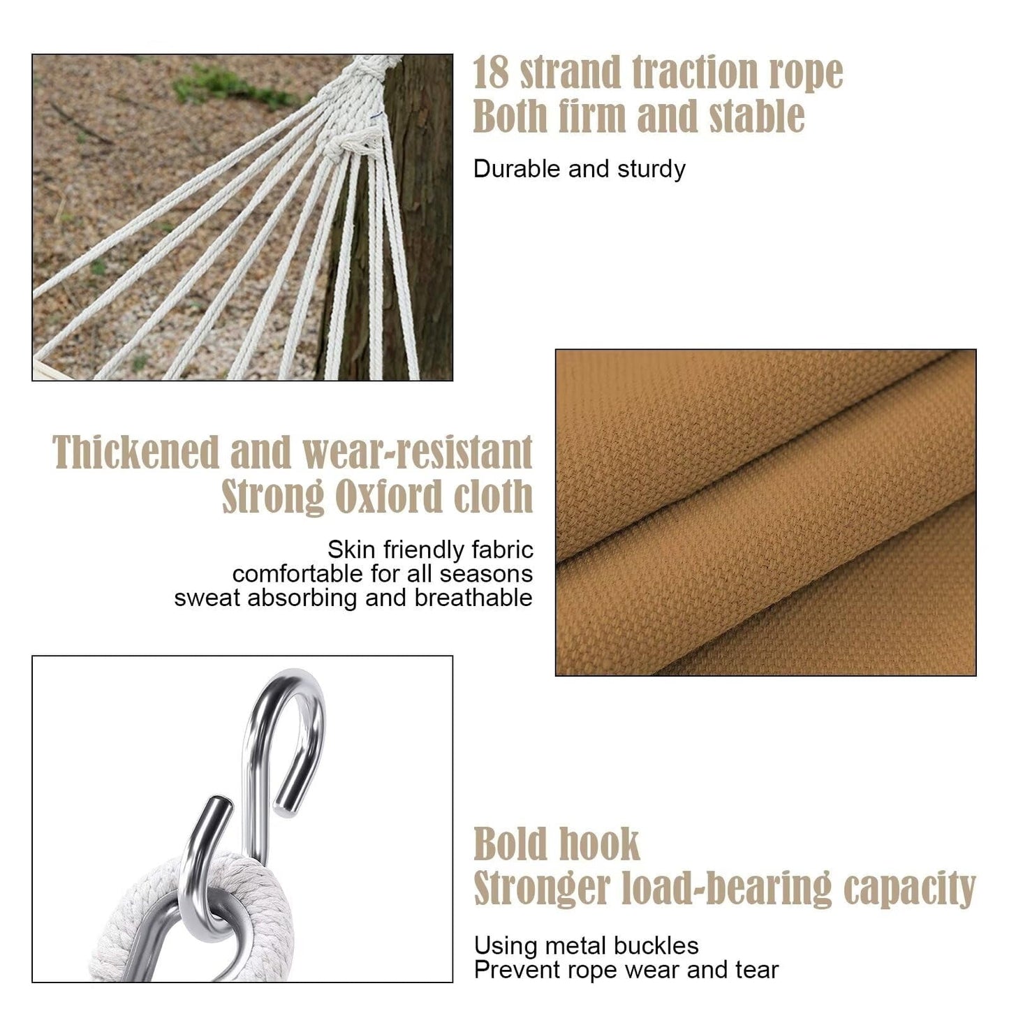 FTCBJJA Single-Person Portable Hammock for Garden - Sturdy Swing Hammock Up to 440lbs with Travel Bag for Porch, Patio, Yard, Bedroom, Outdoor, Beach (Camel)