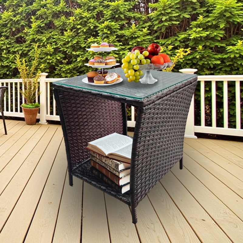 Outdoor Wicker Side Table, Rattan Coffee Tables - Square End Table with Tempered Glass Top and Storage for Patio Porch Lawn (Brown)