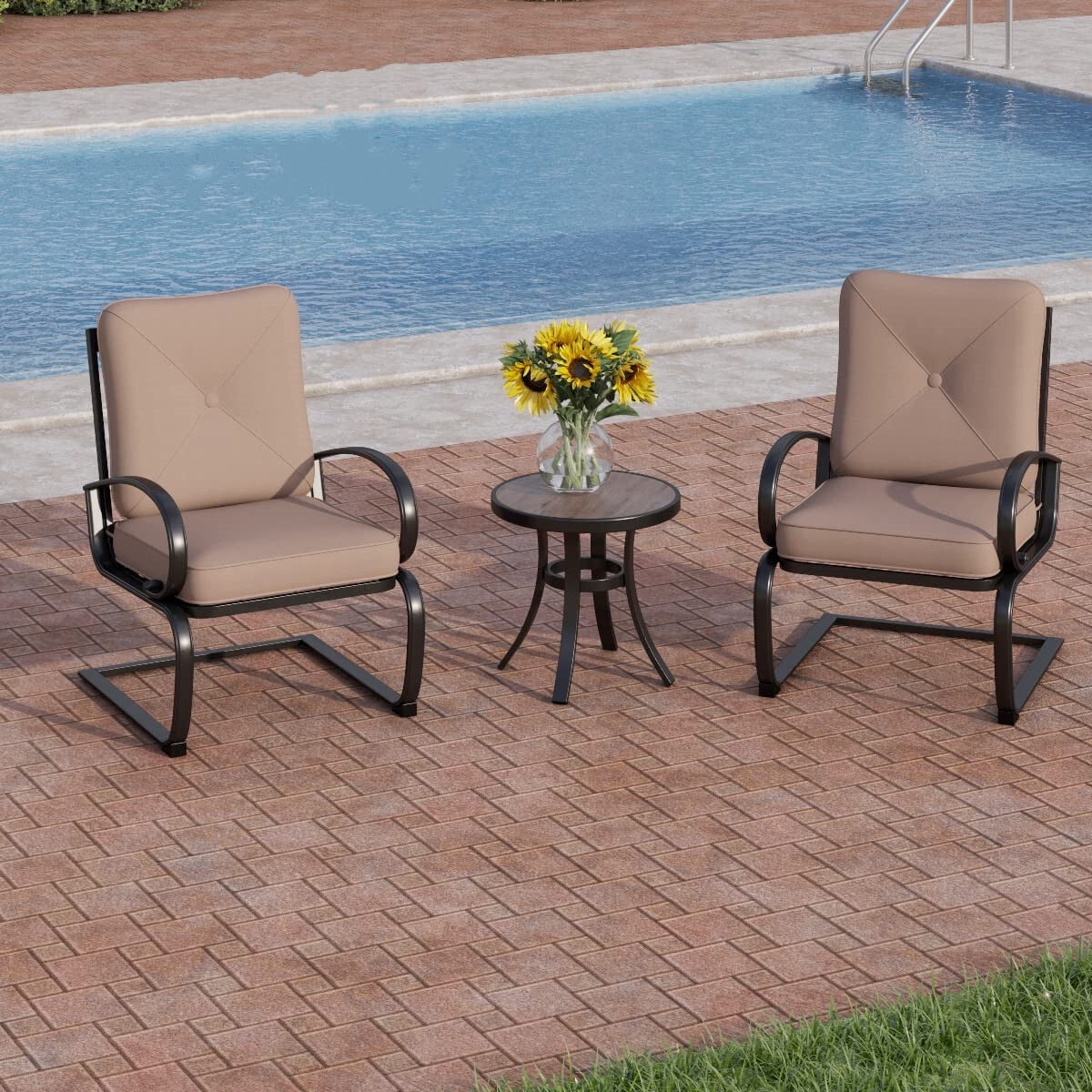 CGDYCF Round Patio Side Table 19" Outdoor & Indoor Small Coffee Bistro Table, Powder-Coated Metal Frame with Wood-Look Top