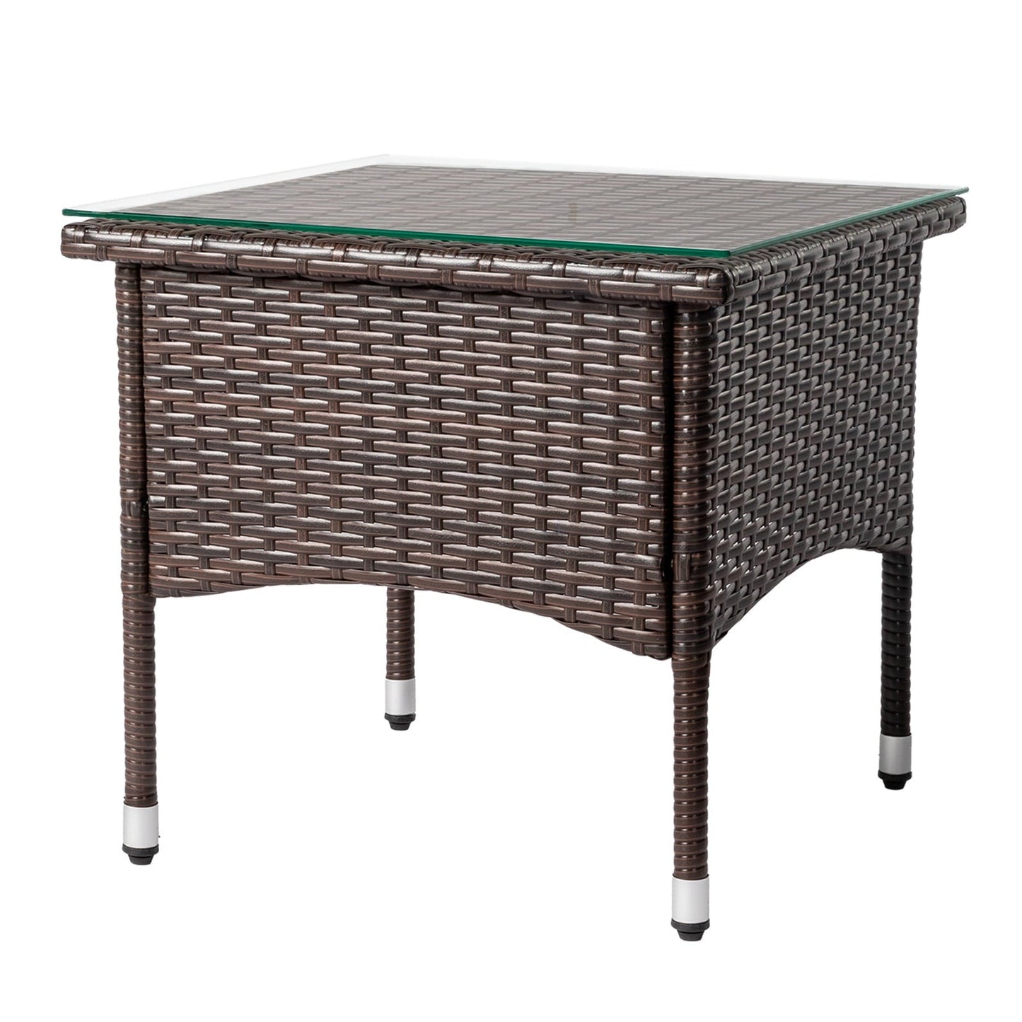 Funnil Patio Wicker Rattan Side Table with Square Tempered Glass Top, All-weather Use Rattan Coffee End Table for Deck, Porch, Garden, Indoor&Outdoor, Brown