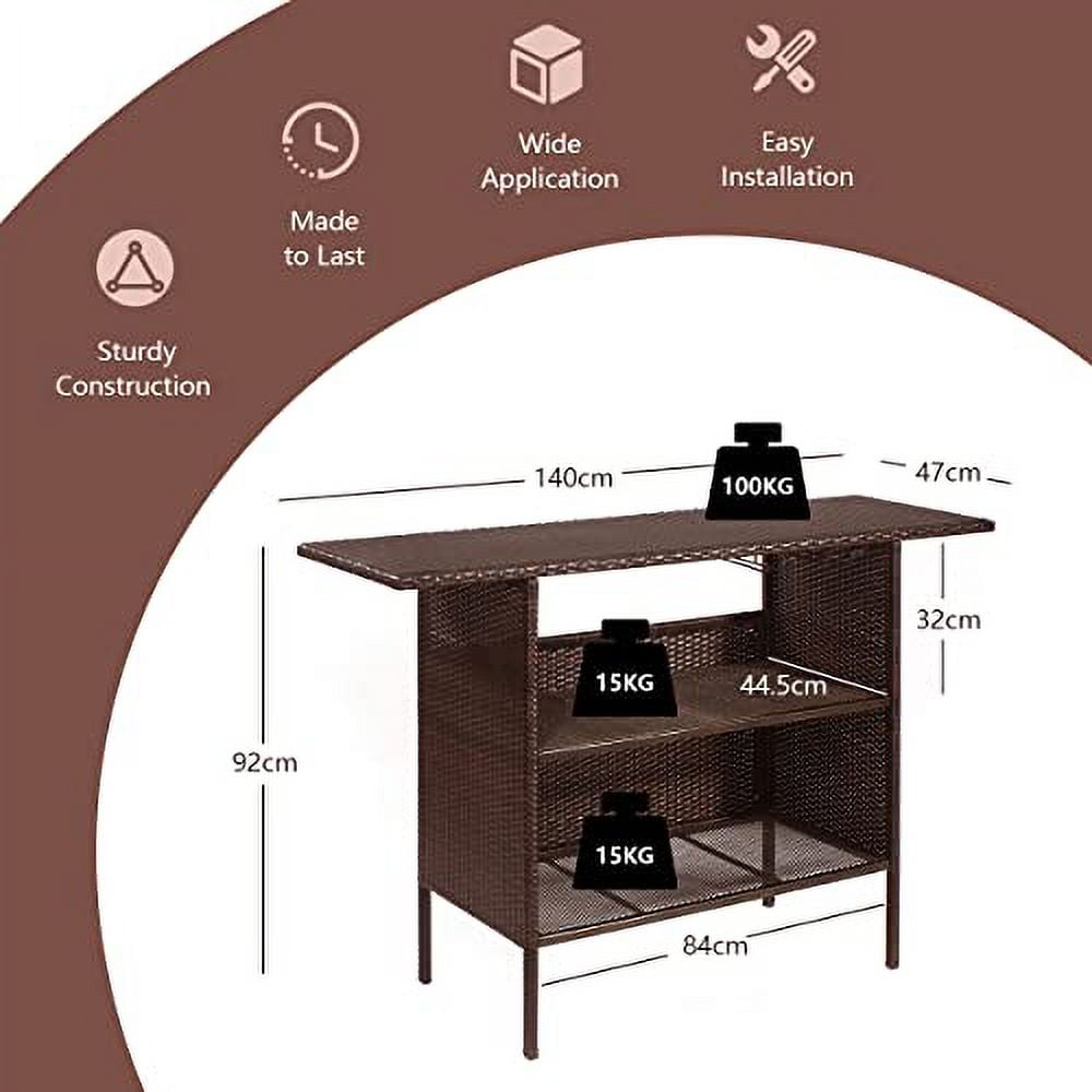 ReunionG Outdoor Wicker Bar Patio Rattan Counter Table with 2 Steel Shelves, 55.1" x 18.5" x 36.2"(L x W x H), Brown
