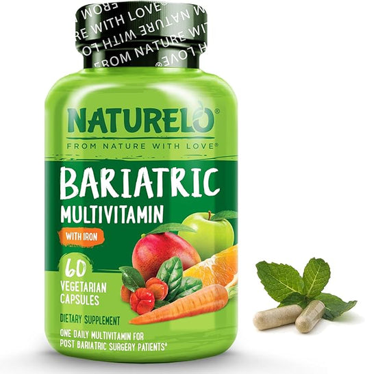 NATURELO Bariatric Multivitamin - One Daily with Iron - Supplement for Post Gastric Bypass Surgery Patients - Natural Whole Food Nutrition - 60 Veggie Capsules