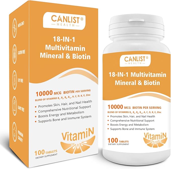 Hair Skin and Nails Multi-Vitamin for Men & Women, 10000mcg Biotin & Multimineral, Contains B-Vitamins, Vitamins C, E & D3, Trace Minerals, Zinc, Gluten-Free, Dairy-Free, Soy-Free, 100 Tablets