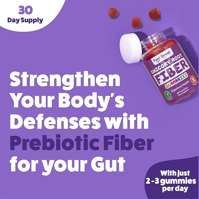 Prebiotic Fiber Gummies by Feel Great Vitamin Co (60 Gummies) | Helps Improve Digestive Health, Restore Natural Gut Flora, and Support Overall Health & Immunity* | Vegetarian & Vegan Friendly Chew