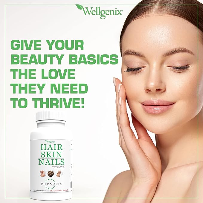 Wellgenix Purvana Hair, Skin, and Nails Vitamin Softgels for High Absorption - Double Strength 2500mcg Biotin, VIT A & B (90 Count) 2 Pack