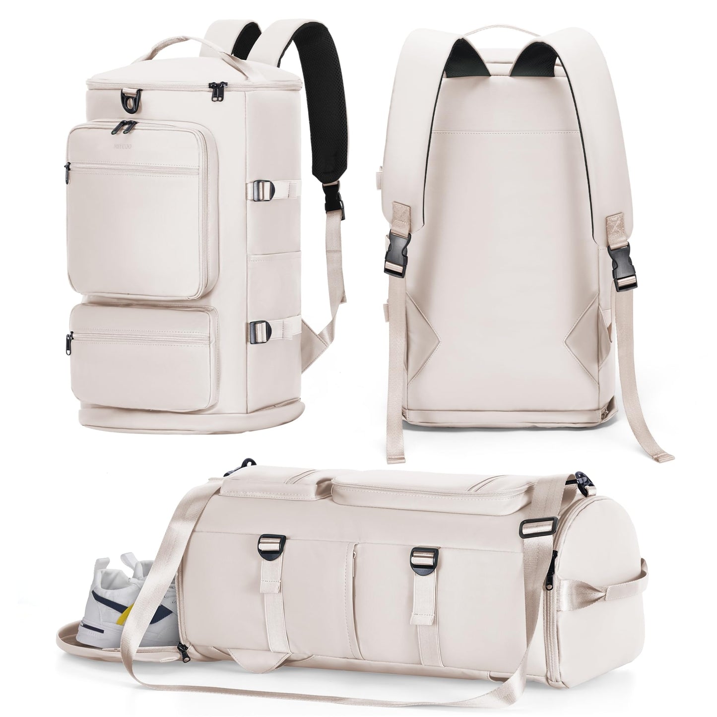 Gym Bag for Women Men - 3 in 1 Duffle Bag and Gym Backpack with Shoes Compartment and Wet Pocket - Sports Bag Carry On Weekender Overnight Backpack for Travel, Beige, MIYCOO