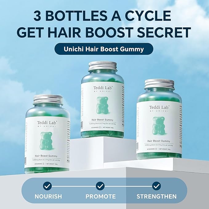 Unichi Hair Growth Gummies 3-Pack, 5200mcg Biotin Formulated with Zinc, Pantothenic Acid and Vitamin A, C, E for Stronger and Thicker Hair for Women, (180 Count)