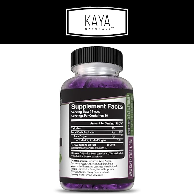 Kaya Naturals Ashwagandha Bitter Gummies - Natural Stress Relief, Boost Energy & Mental Clarity, Non-GMO, Gluten-Free, Chewable Gummies - 30 Count