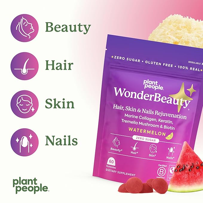 Plant People WonderBeauty Hair, Skin & Nails Rejuvenation Gummies with Tremella Mushroom, Marine Collagen Peptides, Keratin, & Biotin – Watermelon Flavor, 60 Gummies