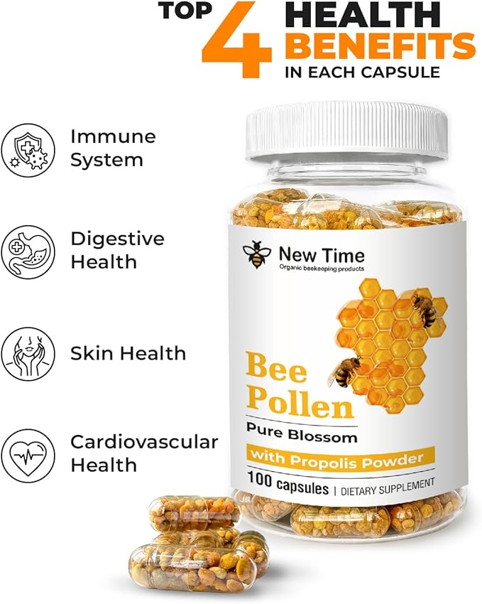 Bee Pollen – 100 Vegetarian Capsules with Propolis - Organic Multivitamin for Men, Women - Fermented Granules - Immune, Energy Support - Non GMO, Pregnancy Friendly