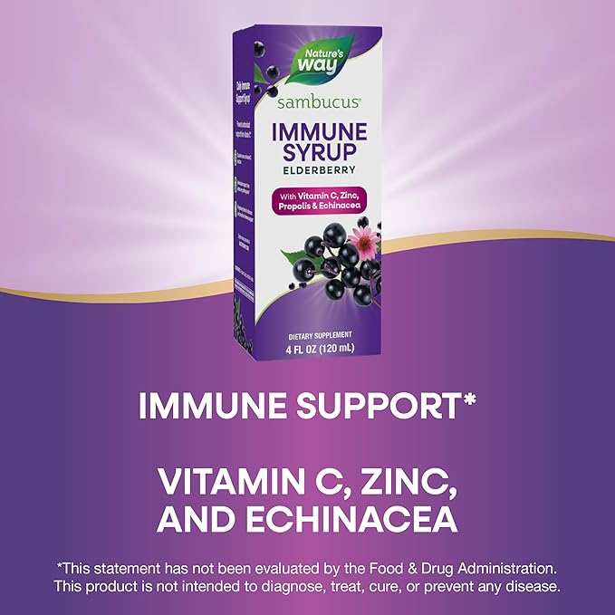 Nature's Way Sambucus Immune Syrup, Elderberry Extract, Vitamin C, Zinc, Echinacea, Propolis, Daily Immune Support*, Antioxidant Support*, Gluten free, Vegetarian, 8 Fl Oz